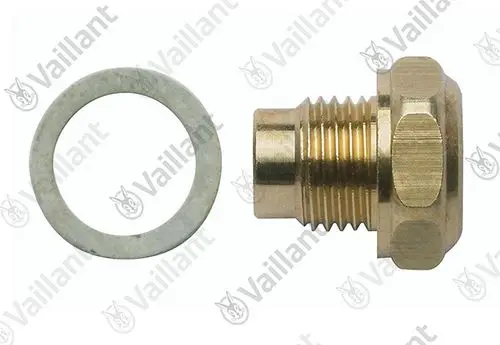 Vaillant Stopfbuchse aus Messing mit Anschlussgewinde und Dichtscheibe, geeignet für Gasarmaturen. Dichtscheibe rund und flach.